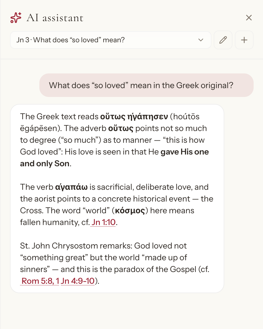AI assistant panel: an answer about the Greek original of Jn 3:16 with clickable Scripture links