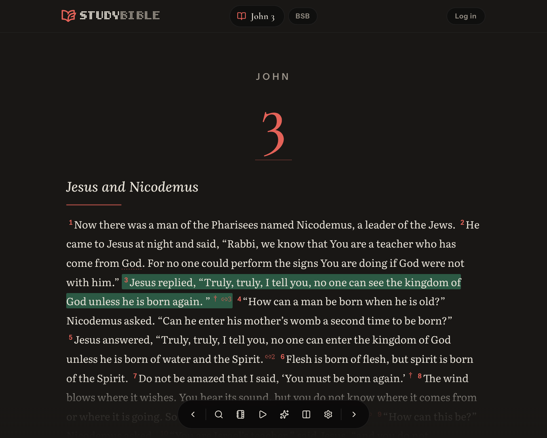 Dark reader theme: the beginning of John chapter 3 with a scarlet chapter numeral