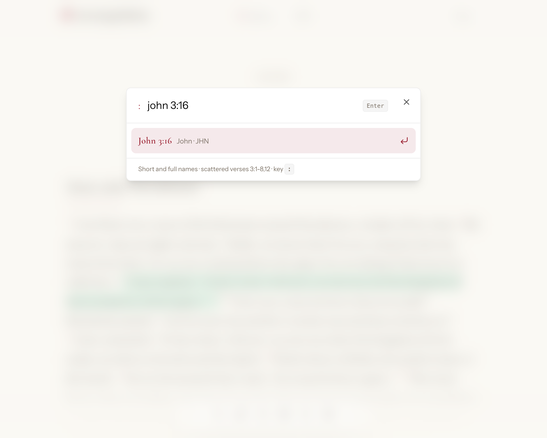 Go-to palette: the query “john 3:16” with instant book suggestions