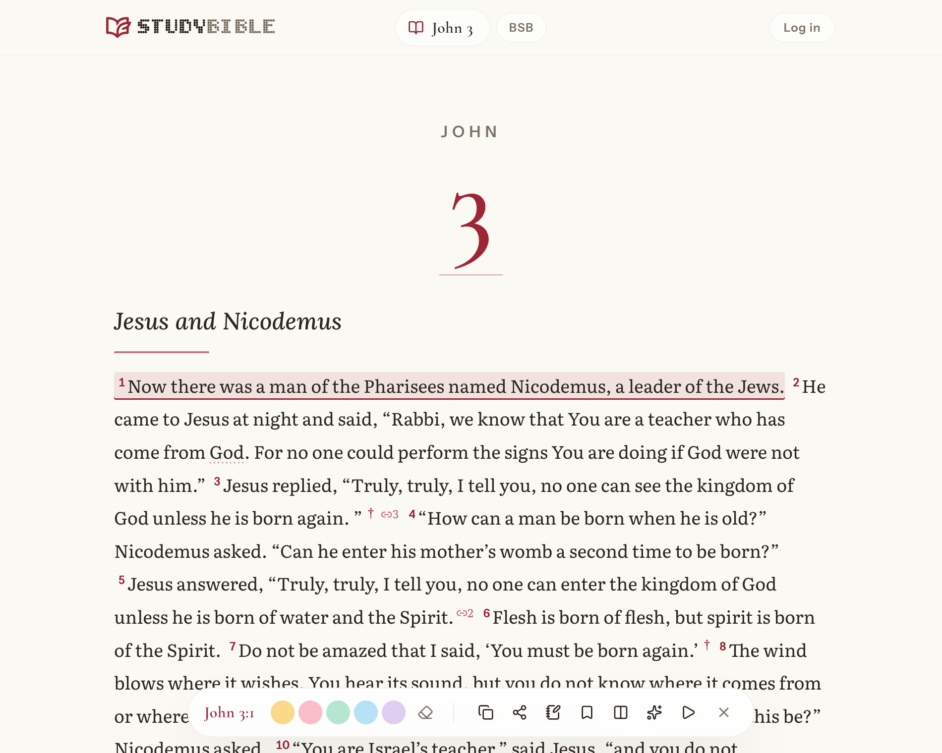 Reader: Gospel of John 3 with highlights, selected verses and the action bar