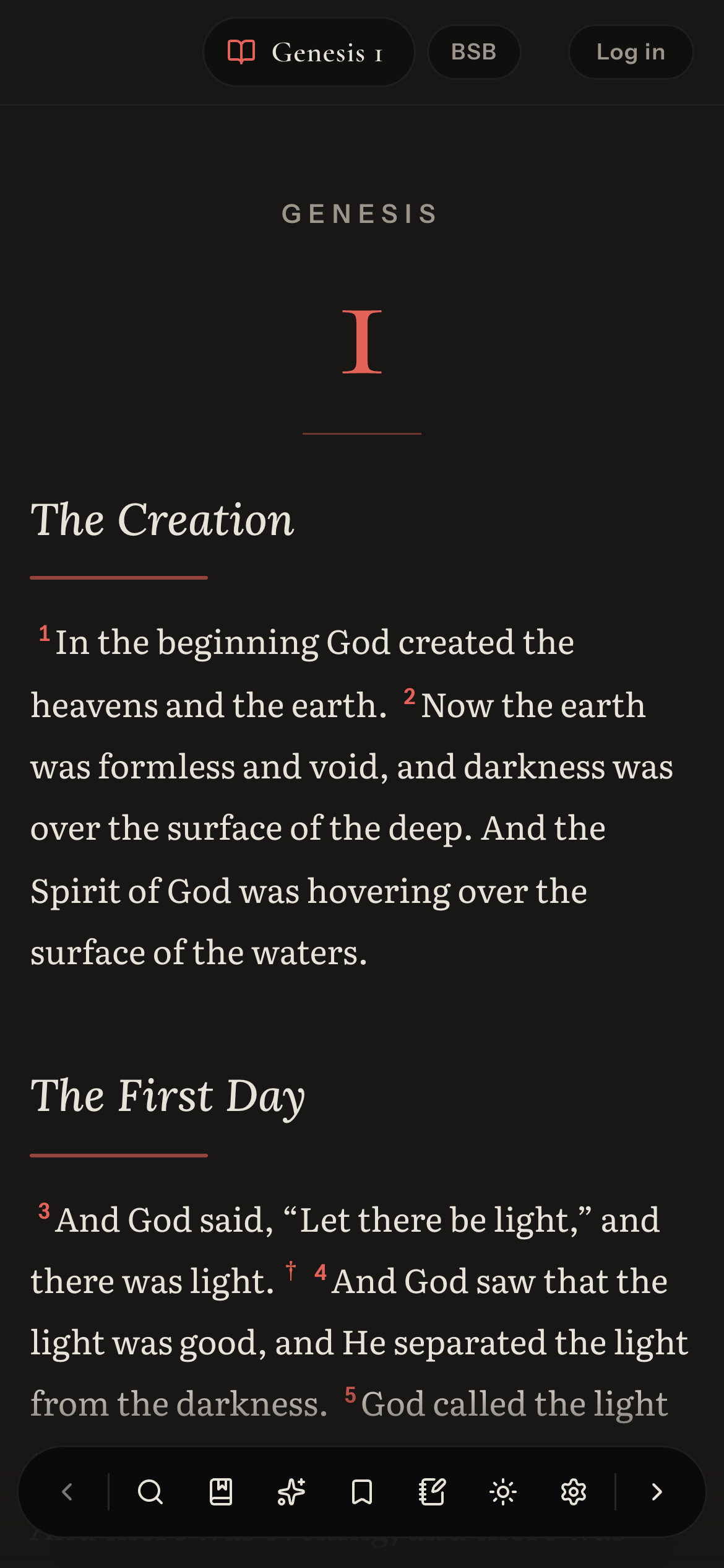 Mobile reader: Genesis 1 in the dark theme