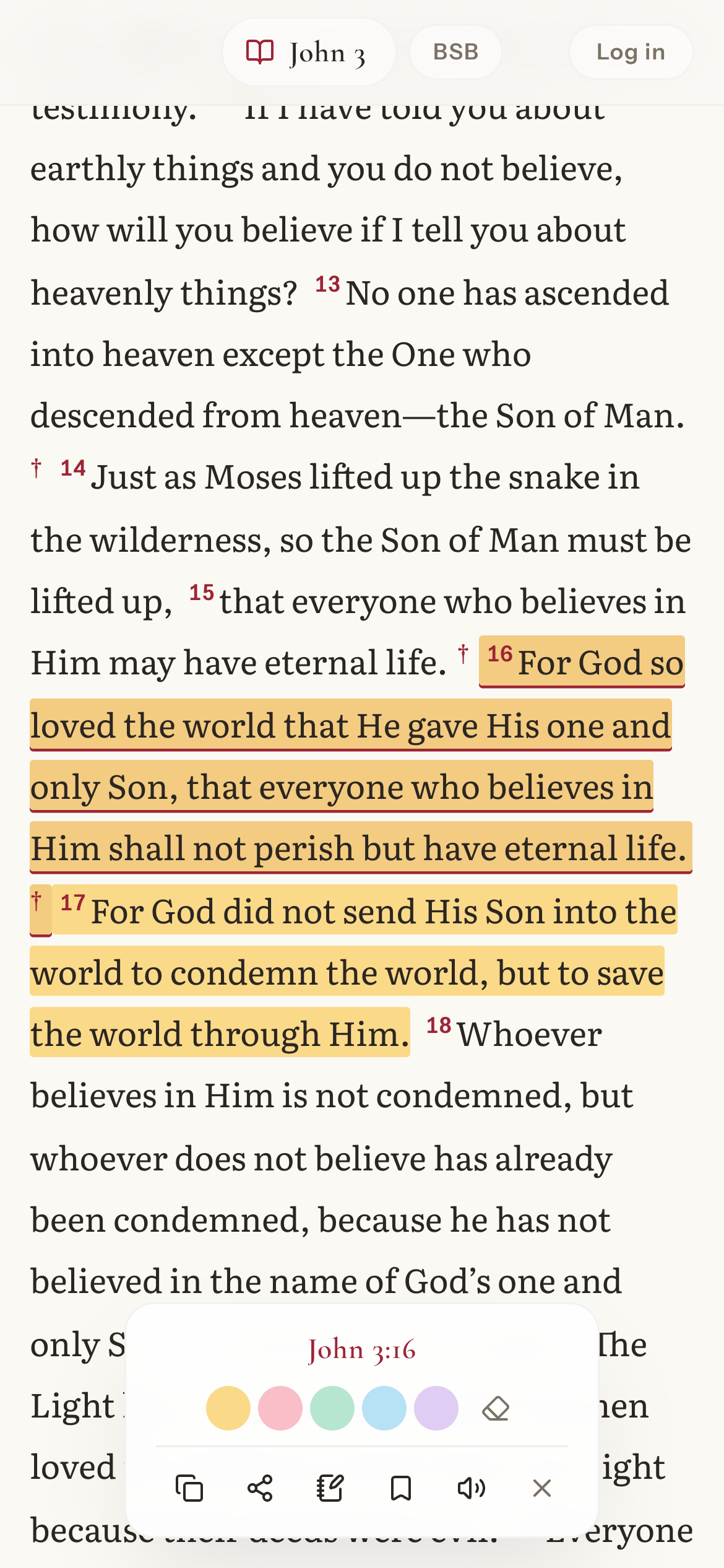 Mobile reader: selected verse Jn 3:16 and the action bar with highlight colors