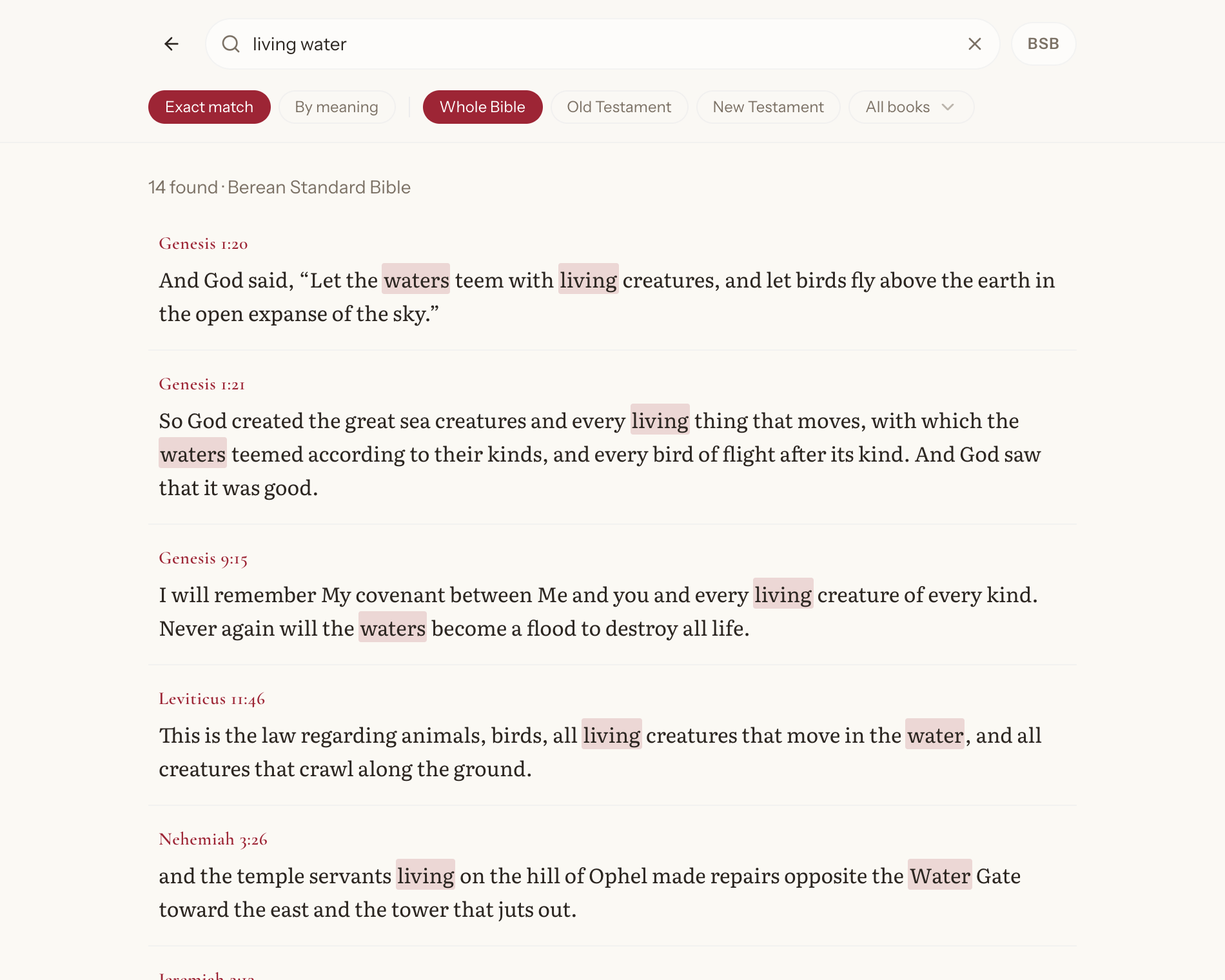 Searching “light in the darkness”: results across the whole Bible with highlighted matches